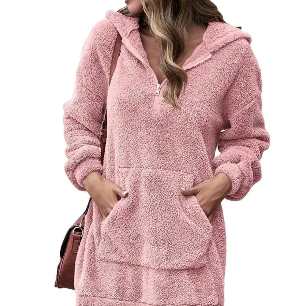 

Women Vintage Pocket Zipper Casual Full Long Sleeve Winter Cap Hoodies Dress Large Big Elegant Party Warm Pocket Mini Hoodie-