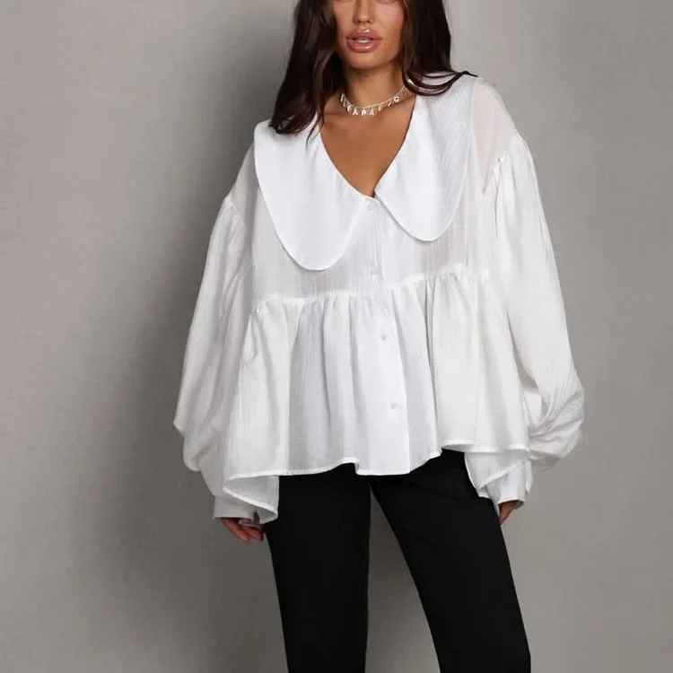 

2025 Spring Autumn New Bubble Sleeve V Neck Ruffled Hem Loose White Blouse Women Elegant Desin Fashion Top