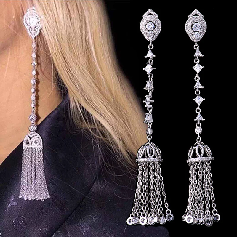 LXOEN Bohimian Cubic Zirconia Drop Earrings for Women Luxury Multi-layer Tassel Silver Color CZ Long Earrings for Party Earings