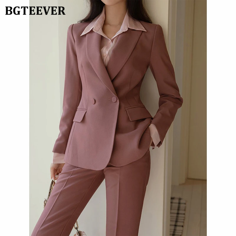 BGTEEVER ฤดูใบไม้ผลิฤดูใบไม้ร่วงผู้หญิงชุดสูท Double Breasted Slim แจ็คเก็ตสุภาพสตรีกางเกงดินสอ Elegant หญิงกางเกงชุด