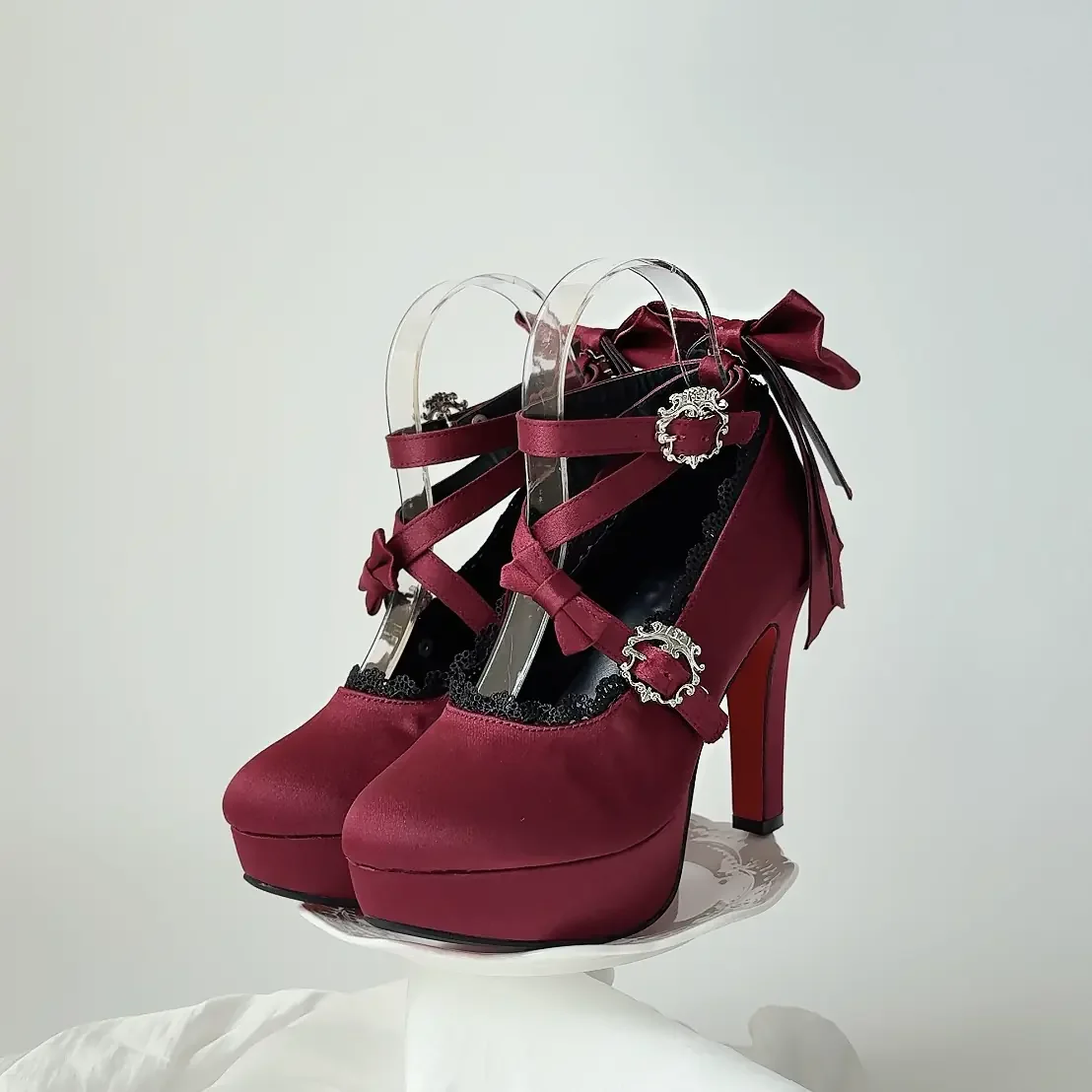 Gothic Lolita burgundy High Heels Satin Black Platform Pumps Womens Cross Bow Red Bottom Shoes Halloween Cosplay Mary Jane Shoes