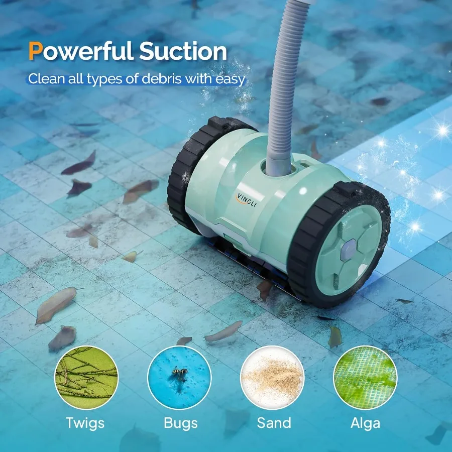 2025年アップグレード版 VINGLI 吸引式プールクリーナー 地上プール用 39.6フィートの絡まりにくいホース ミントグリーンとグレー 強力な吸引力