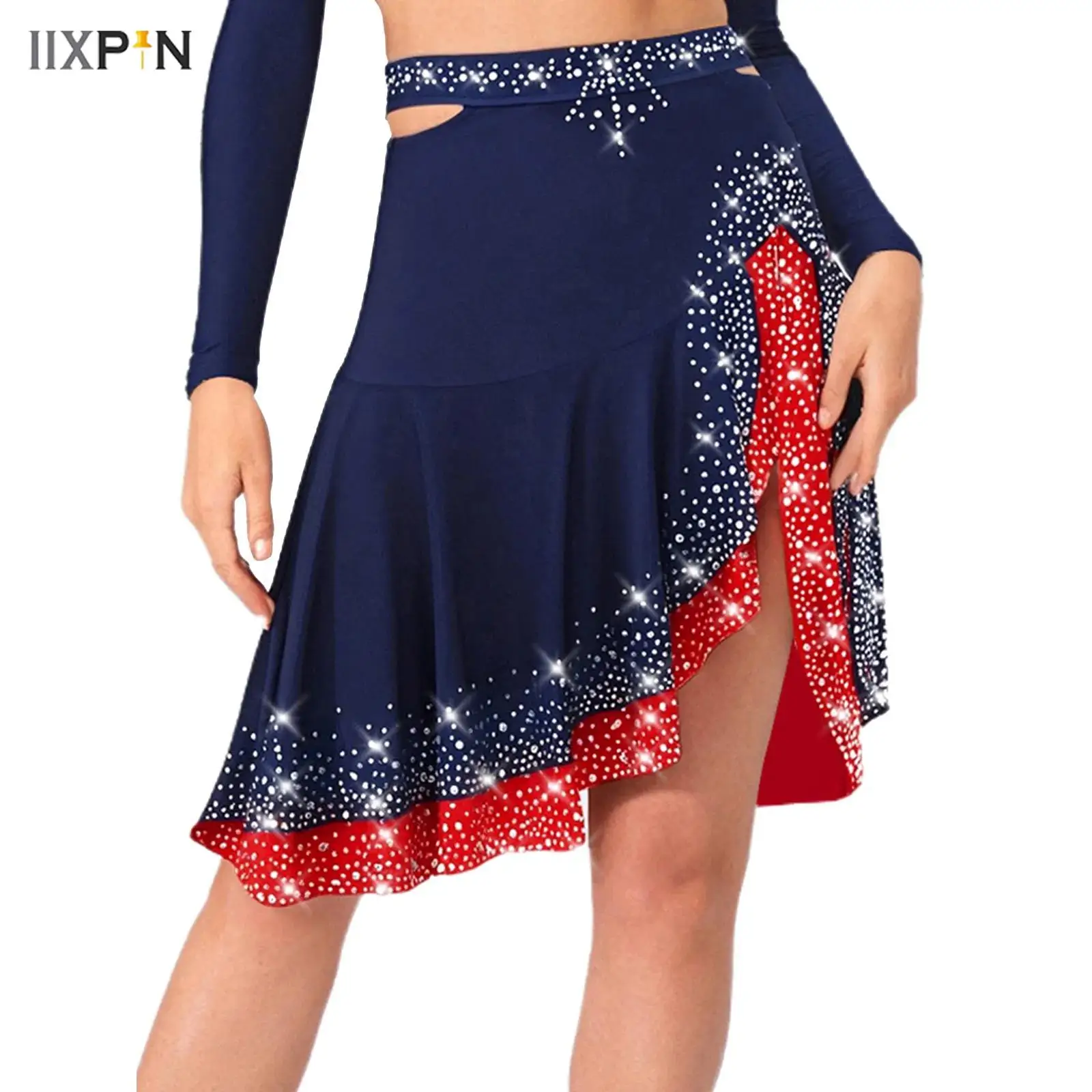 

Women's Jazz Latin Dance Skirt Shinny Rhinestones Color Contrast Sides Cut Ruffled Skirt for Dance Performances Competitions