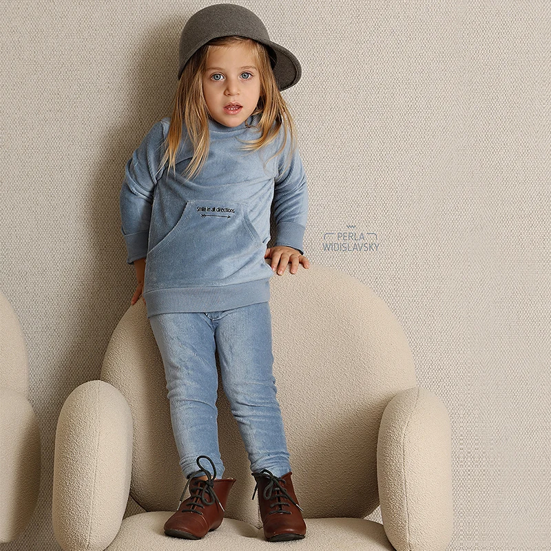 Familieset meisjesjurk jongen casual shirt herfst babyset corduroy pak met lange mouwen geribbelde legging blauw en olijfgroen set grote zak