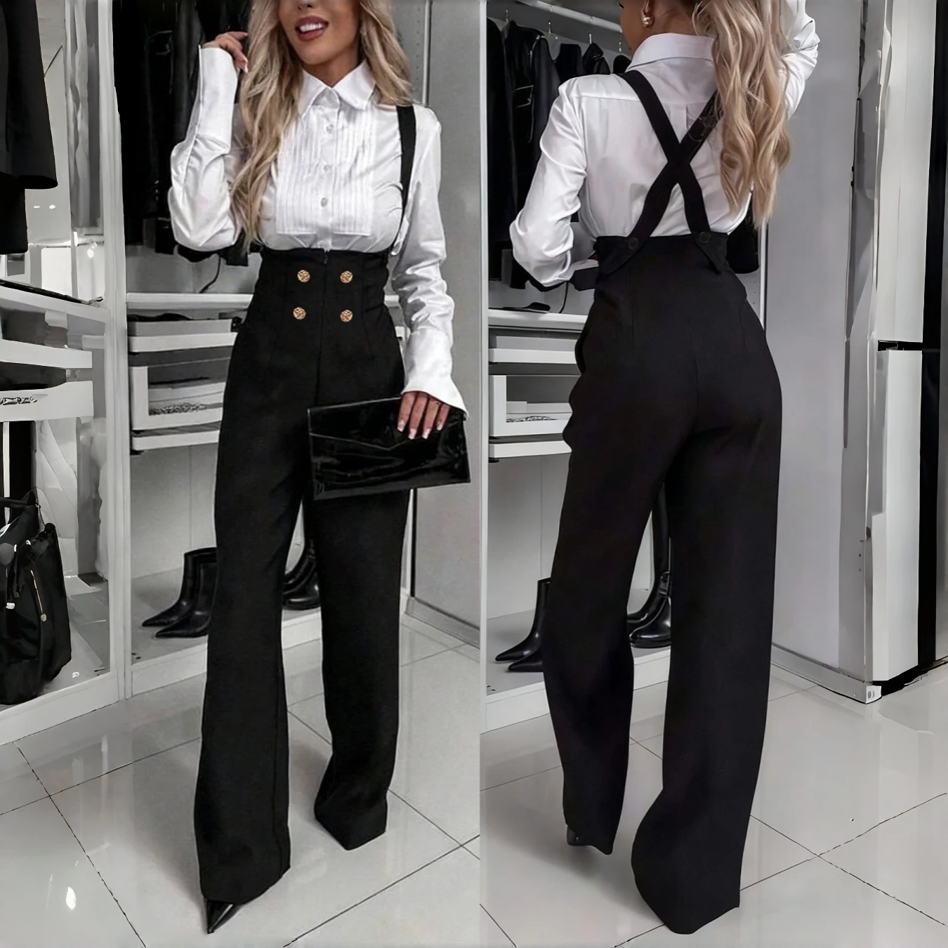 Celana Jumpsuit Wanita Musim Gugur Musim Dingin Model Suspender Kaki Lebar Warna Emas Kancing Dua Baris Retro Slim Fit Santai Sehari-hari Fashionable