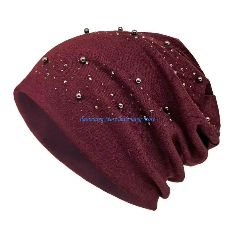 573B Fashion Faux Pearls Adorned Cap Polyester Winter Hat Lightweight Head-Wrapping