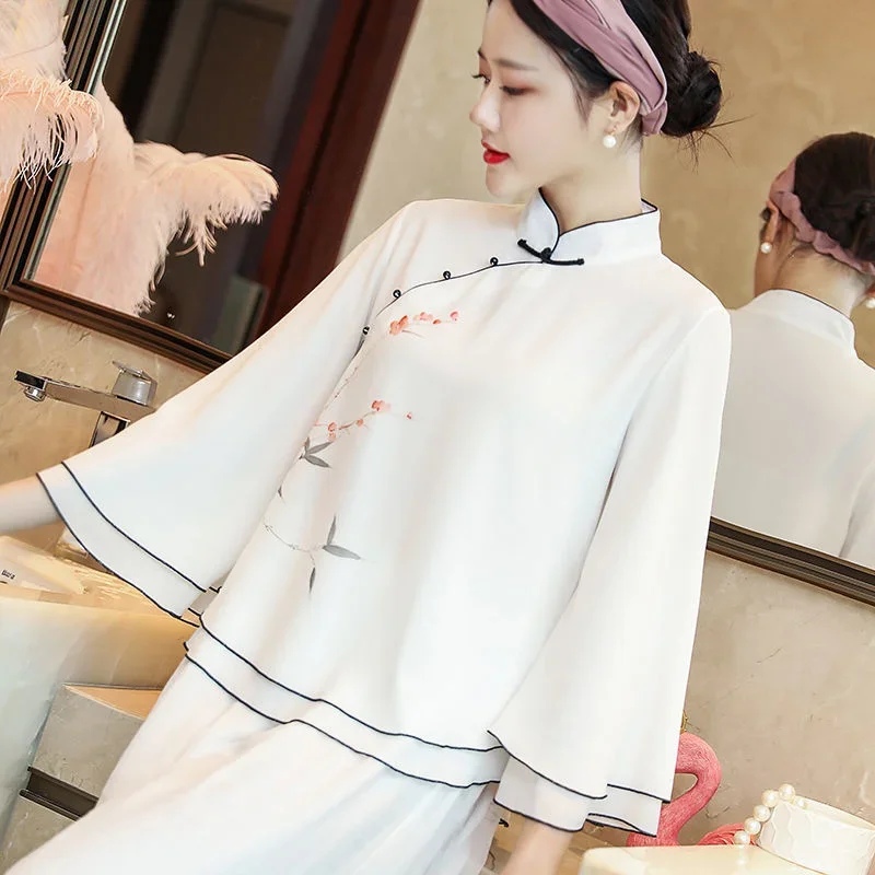 

Chinese Style Women Qipao Tops Clothes Hanfu Plain Elegant Retro Zen China Traditional Shirt Tang Suit Loose Blouse