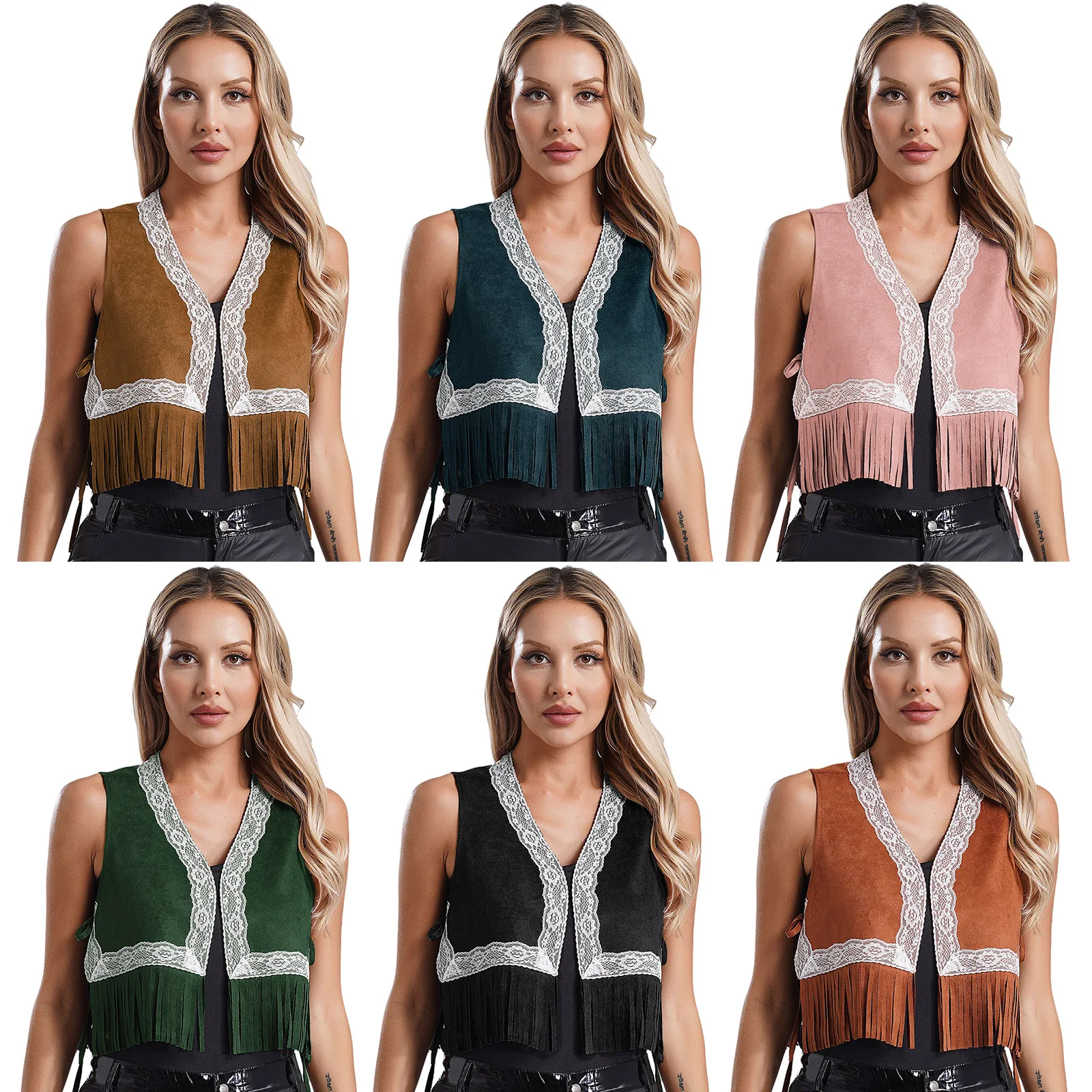 Womens Western Cowgirl Costume Cosplay Party Vest Waistcoat V Neck Open Front Lace Trim Tassel Trim Tank Top Crop Top Dress Up