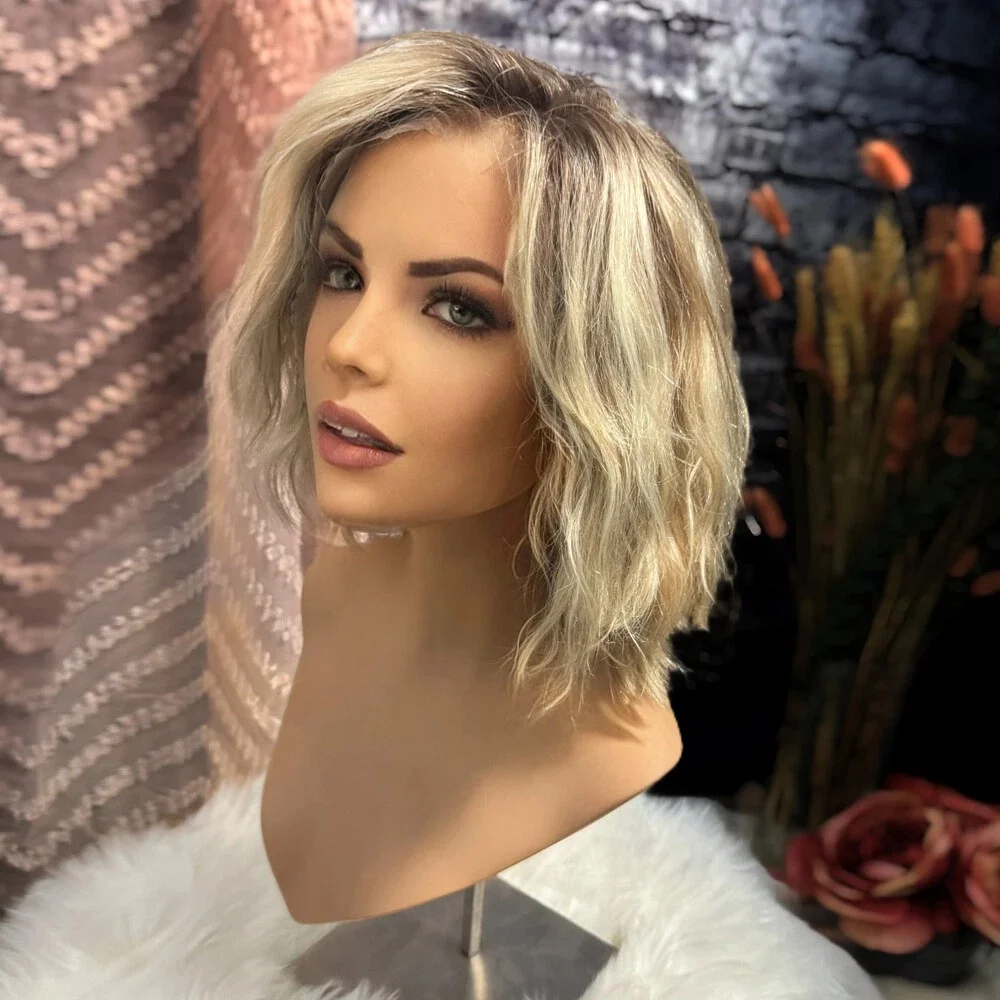 Ombre Blonde 13x4 Lace Front Wig Pre Plucked Synthetic Bob Short Premium Fibre Glueless Natural Looking Wave Wig for Daily Use