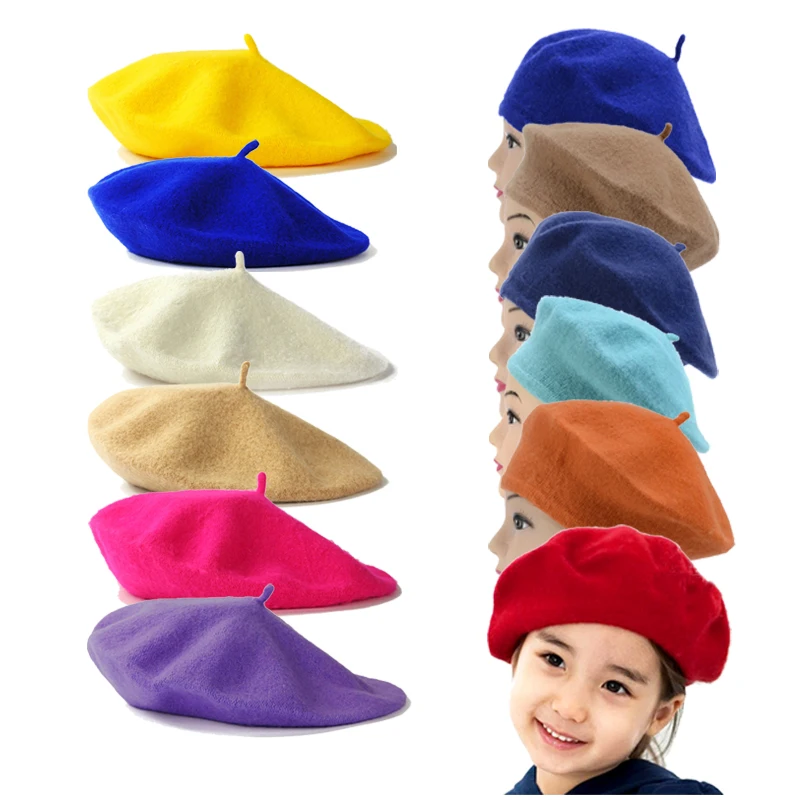 New Adult Kids Beret Winter Beanie Hat Retro Vintage Plain Beret French Artist Warm Wool Solid Color Elegant Hat Cap Head Wear