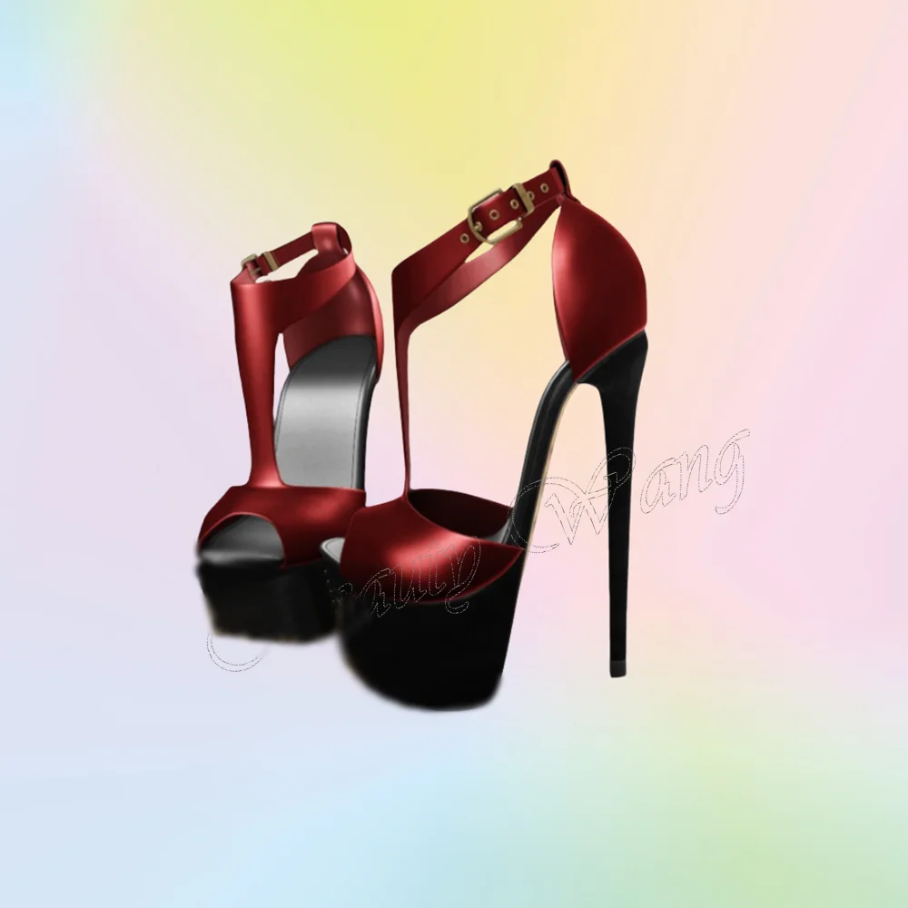 

Red Peep Toe T Strap Platform Sandals Spike Heel Runway Style Round Toe High Heel Shoes for Women Shoes New Zapatos Para Mujere