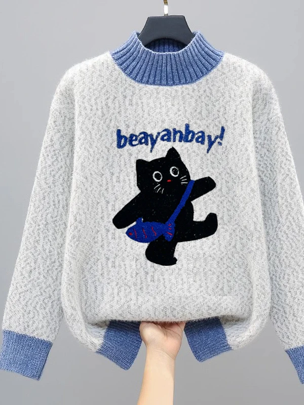 

Women's f High Collar Knitwear Warm Inner Wear Base Layer Winter Faion Sweet Sle Loose Fit Long Sve Cartoon Pattern
