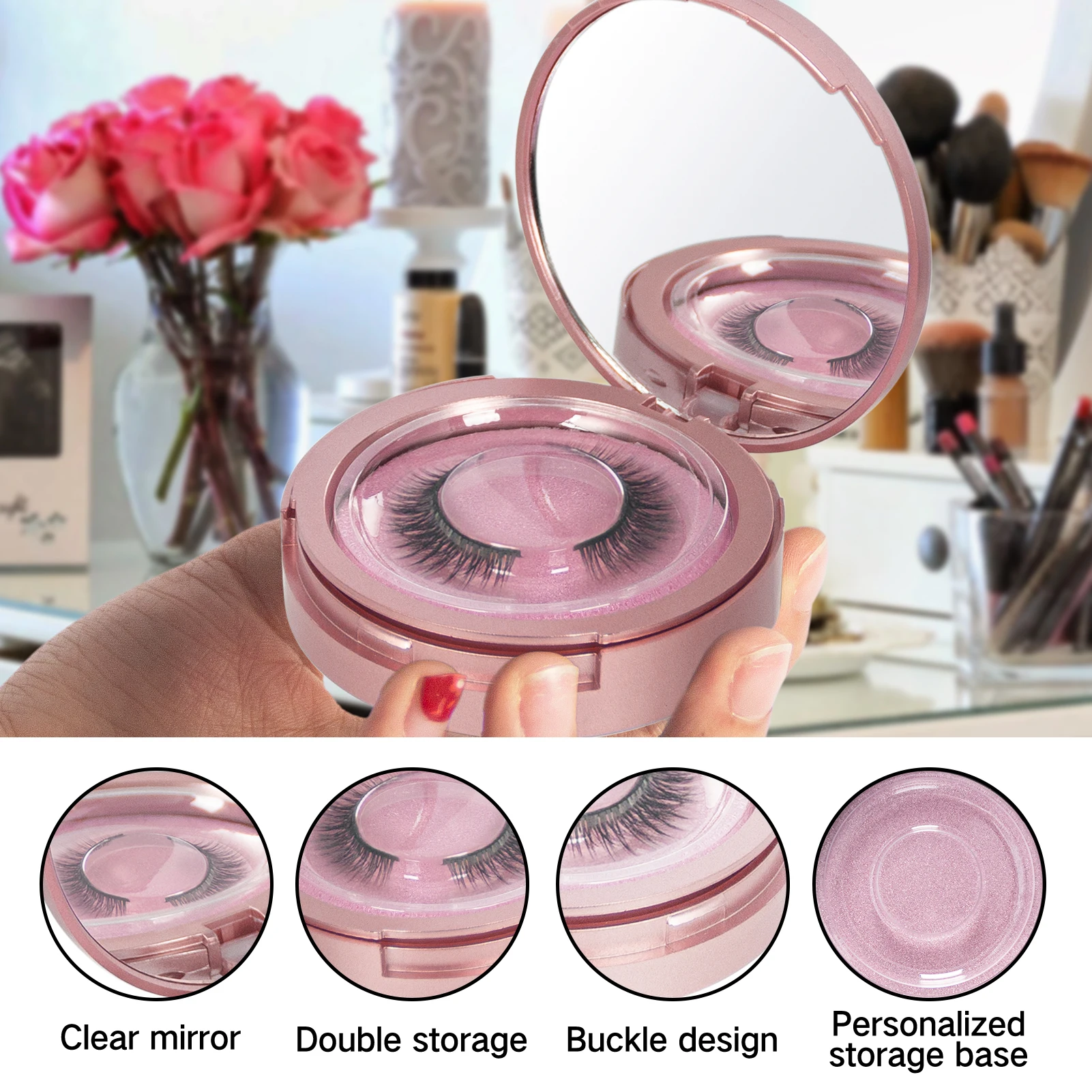 Eyelash Storage Box - 2 Layers Circle Eyelash Box with Mirror Empty Travel Eyelash Storage Case Organizers with Lash Holder