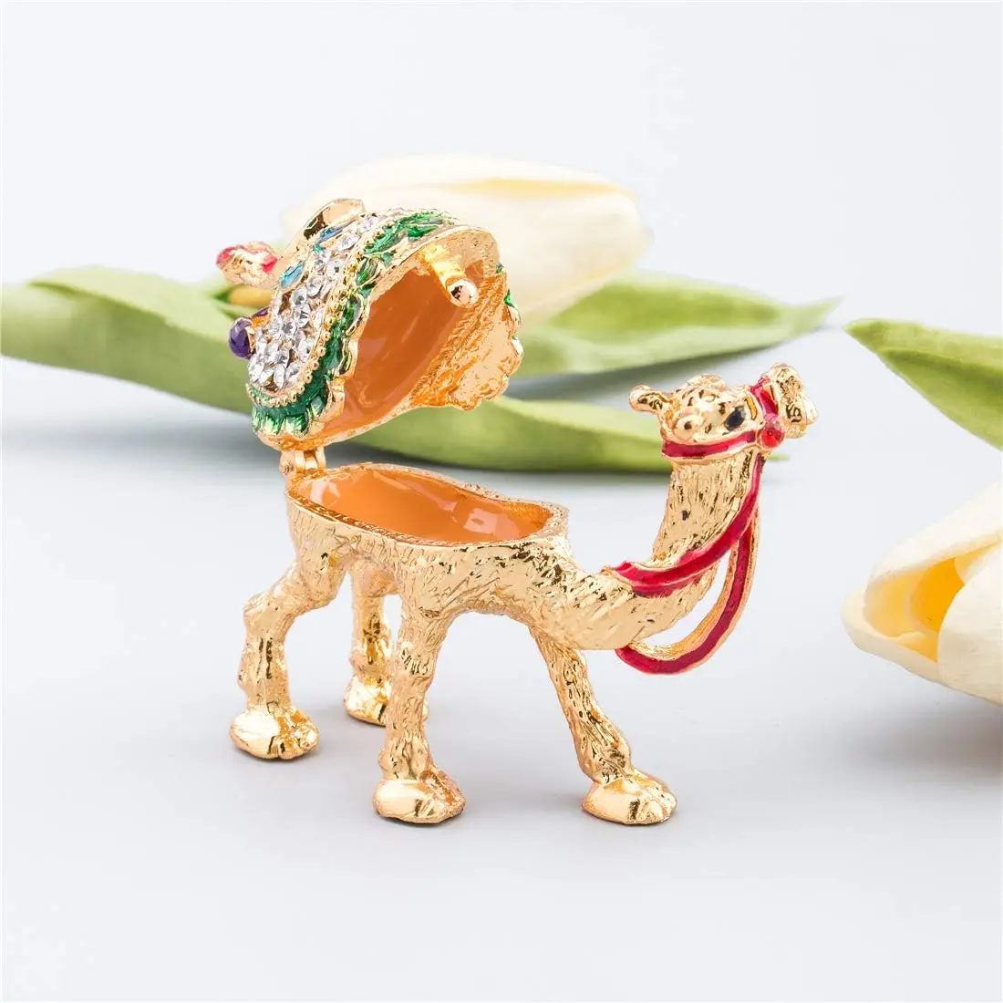 H&D  Crystal Camel Figurines Decor Ornament,Golden Enamel Camel Statues Animal Trinket Jewelry Box Hinged