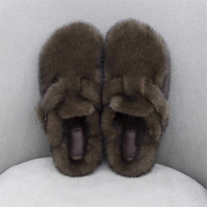 

Fashion Mink Faux Fur Slippers Women Winter Toe Wrap Woman Shoes Thick Soft Sole Slides Outdoor Flat Fur Slippers