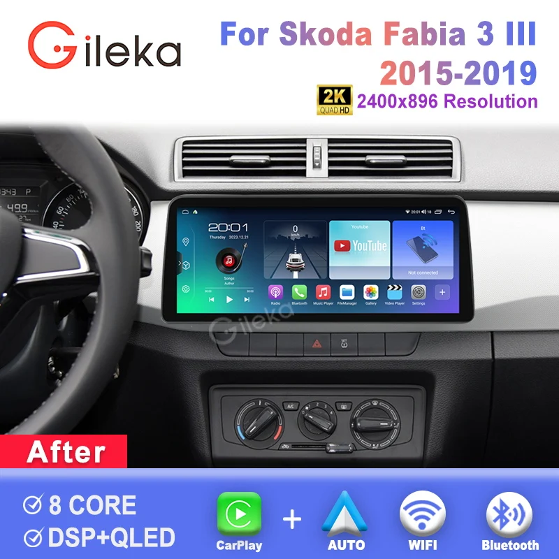 

12.3 inch Carplay 2K Screen Android For Skoda Fabia 3 III 2015-2019 Car Radio Stereo Multimedia Player GPS WiFi BT Head Unit