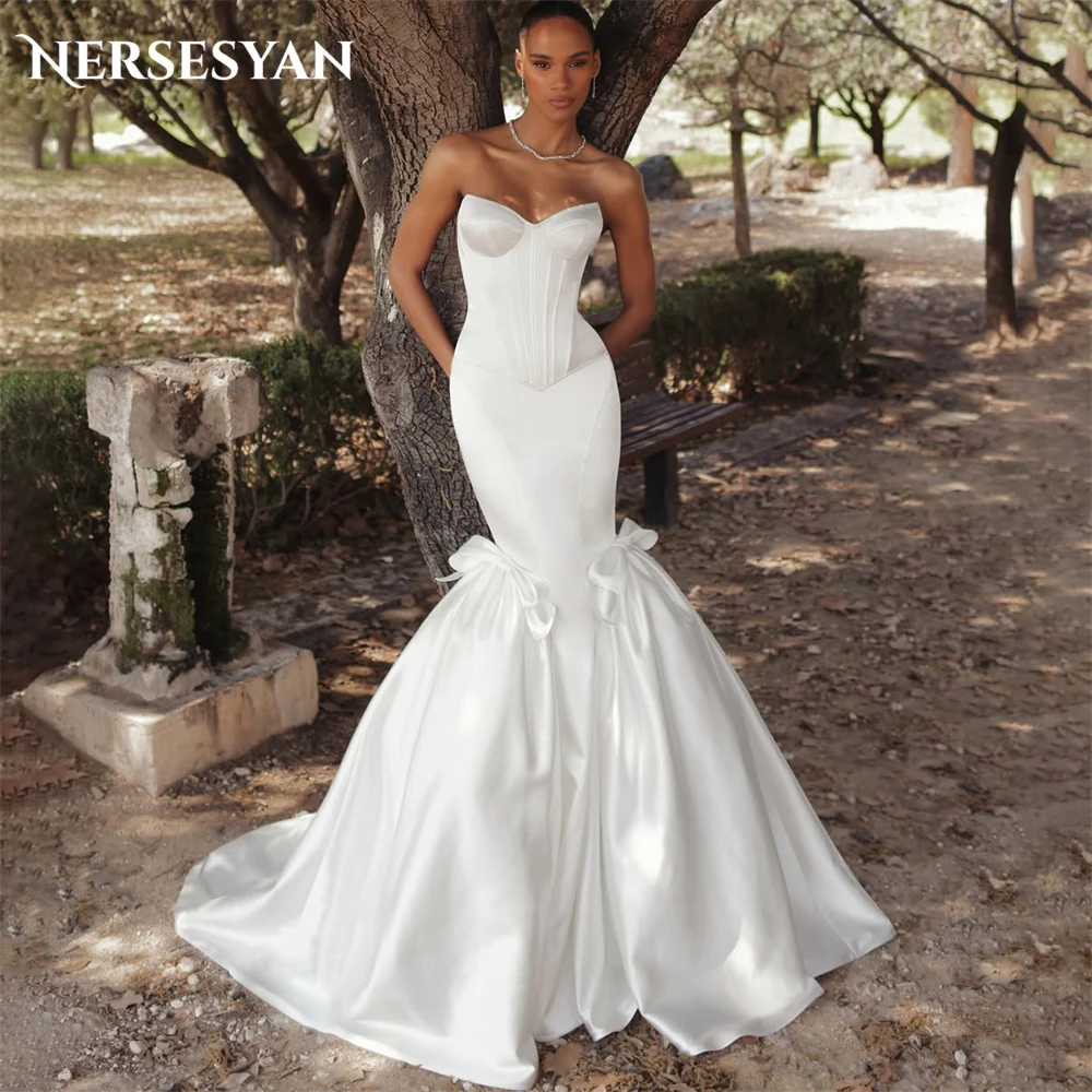 Nersesyan Bohemian Sweetheart Wedding Dresses Satin Draped Bow Off Shoulder Mermaid Bridal Gowns For Wedding Party Customized