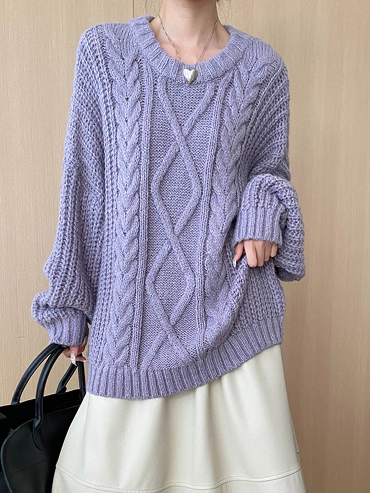 [EAM] Beige Big Size Thick Knitting Sweater Round Neck Long Sleeve Women Pullovers New Fashion Tide Spring Autumn 2024 1DH7136