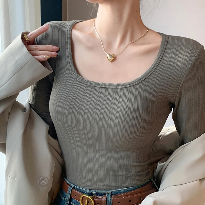 Tops tejidos con cuello en U para Mujer, camisa sencilla de Color sólido que combina con todo, ropa de calle coreana, camisa de estilo suave, moda de otoño