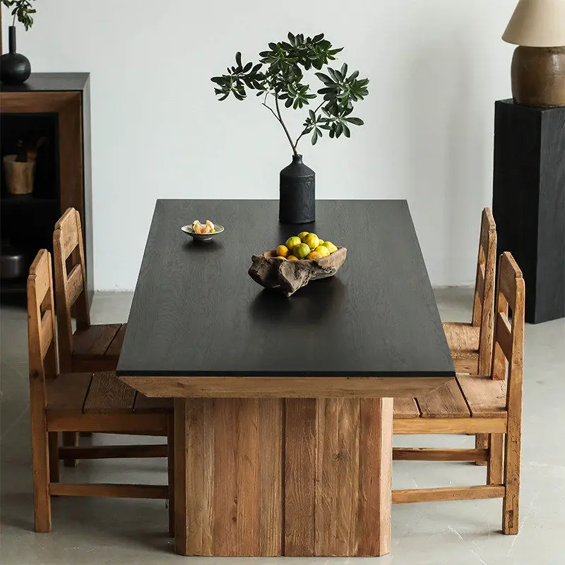 

Wabi-sabi style color blocking rectangular solid wood dining table old pine vintage home table designer workbench
