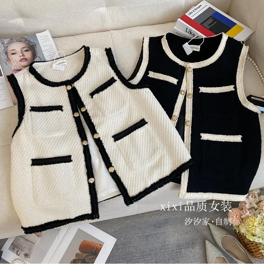 

New black white color High end fringed woven vest, top
