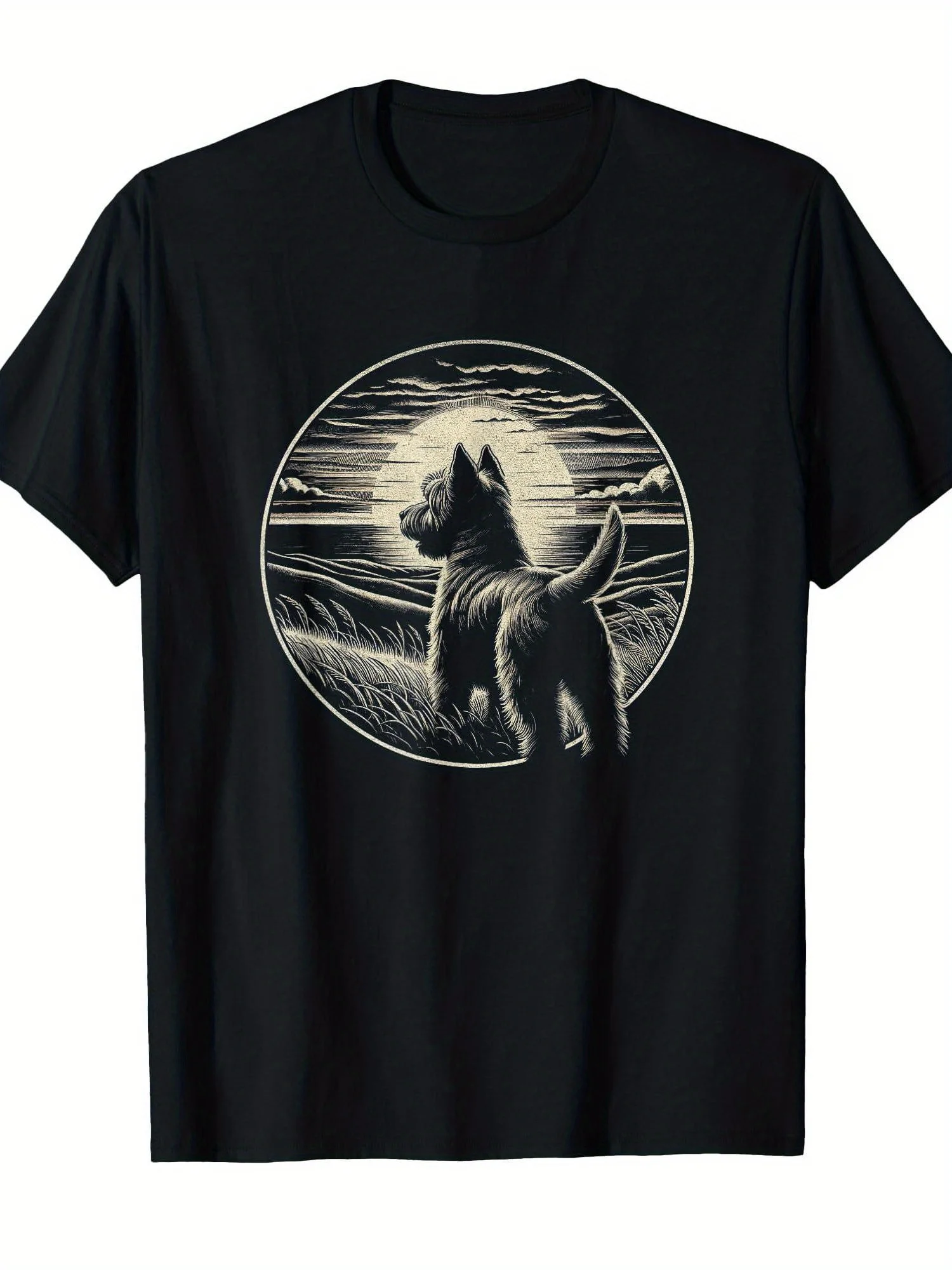 Retro Cairn Terrier Dog Retro Sunset Art T-shirt - 100% Regular Fit Round-neck Short-sleeved T-shirt