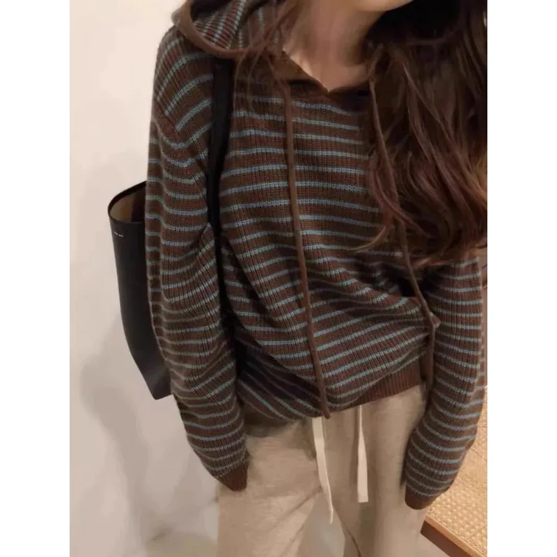 

New retro knitted hooded sweater women's loose style soft and comfortable autumn and winter coat