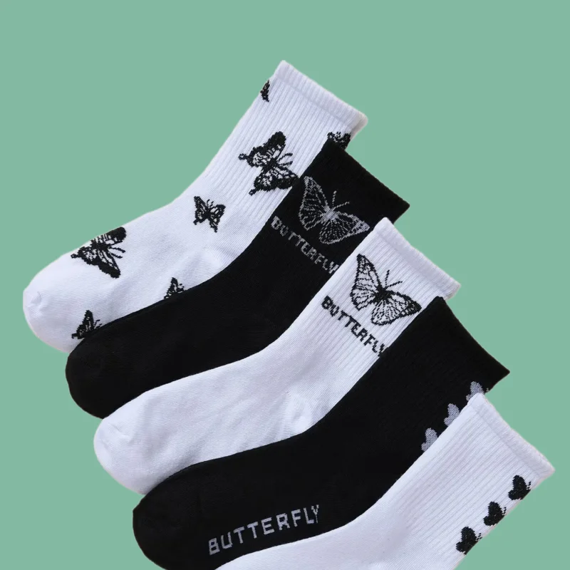 

5 Pairs New High Quality Women's Fashion Cotton Socks Mid Length Stockings Set in With Butterfly Pattern Popular Versatile Socks