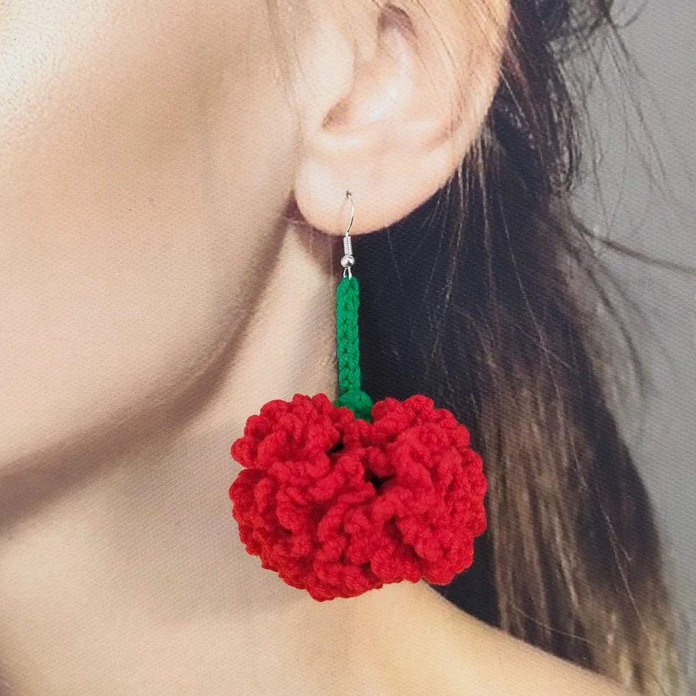 Crochet Knit Red Carnation Flower Earrings For Women Summer Fashion Ear Jewelry Party Gifts Holiday Accessories