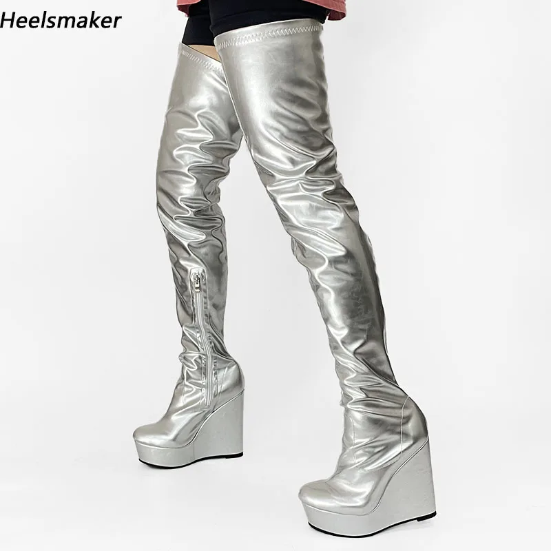 

Sukeia Women Spring Thigh Boots Unisex Wedges Heels Round Toe Fabulous Silver Night Club Shoes Ladies US Size 5-20