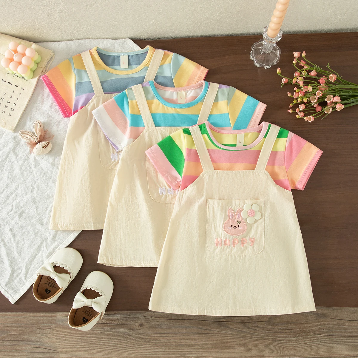 Girls Daily Casual Wear Cute Cartoon Embroidered Rainbow Striped Short Sleeved Dress Summer Baby Girl Dress