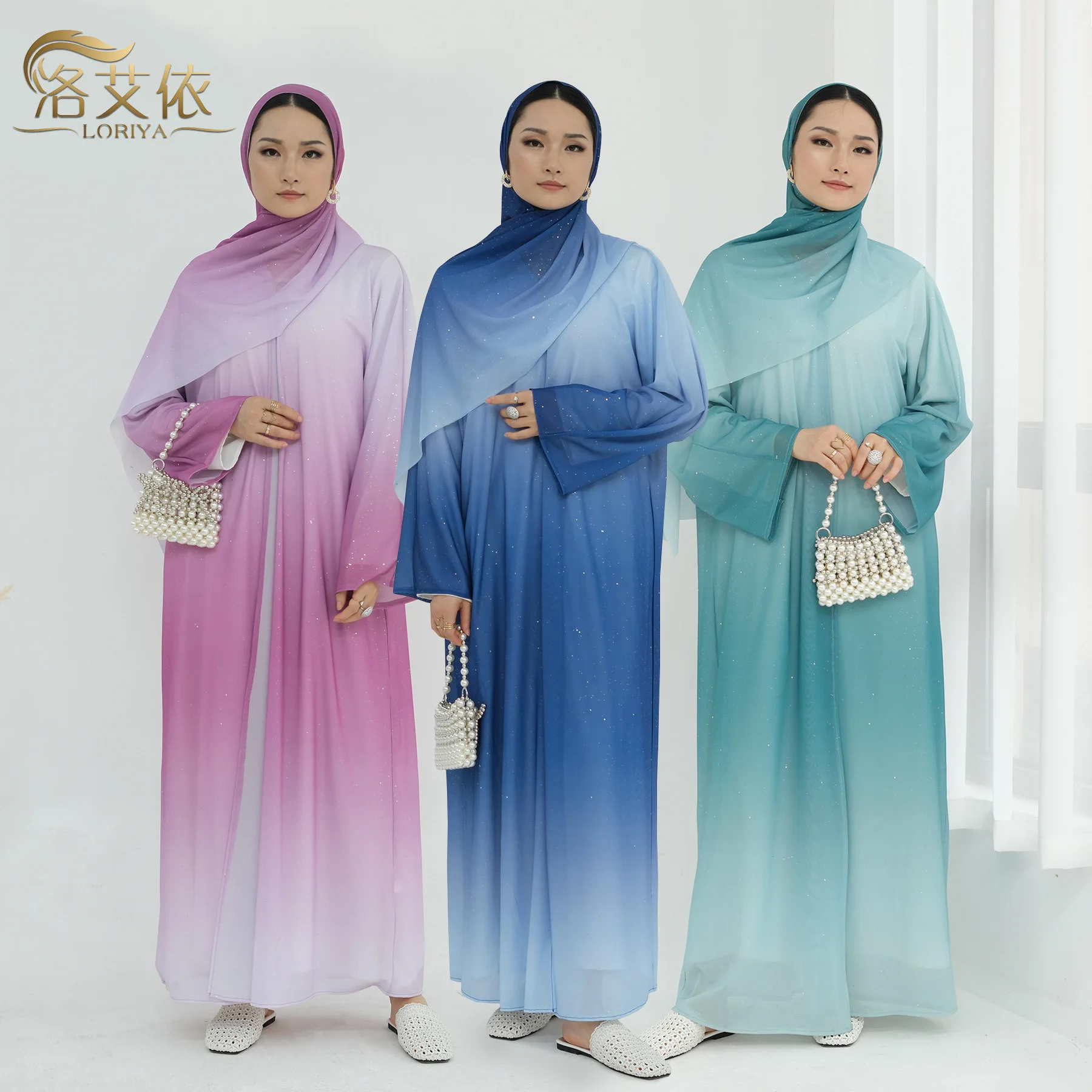 Women's Gradient Color Casual Trendy Elegant Loose 2 Pieces Sets Dubai Muslim 2026 New Fashion Female Cardigans Abaya Headscarf