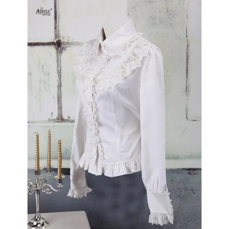 Ainclu Womens S To XXL High Quality Hot Selling Breathable White Ruffled Trim Long Sleeves Cotton Lolita Blouse for Party