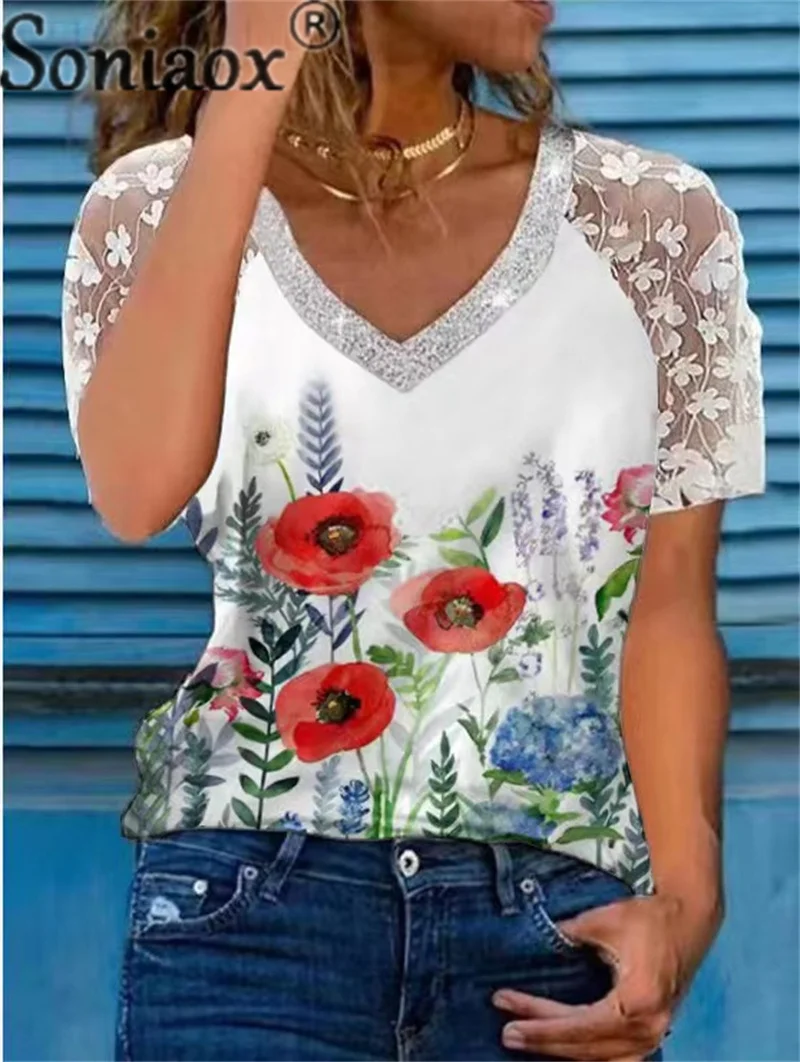 Fashion Lace Short Sleeve Sequins V Neck T-Shirt Women's Sweet Style Casual Loose Tees Female Summer Botanical Flower Print Tops