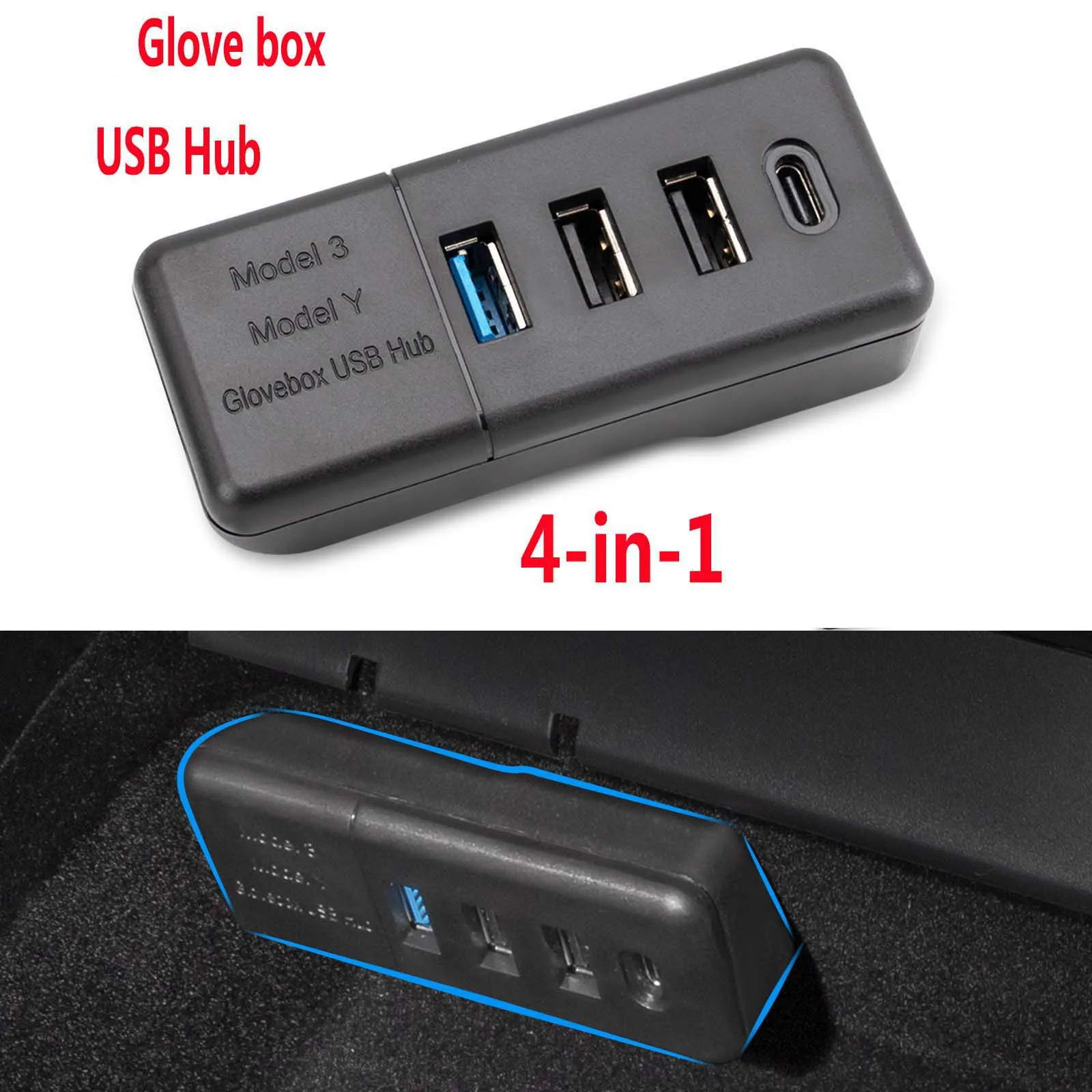 

Fit New Tesla Model 3 Y 2021-2022 Glove Box USB Expansion Hub Port Co-pilot Sentinel Mode 4-in-1 USB Hub Tesla 2022 Accessories