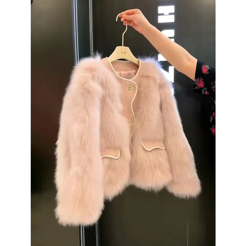 Nepbontjassen Dames Bontjassen Effen Zak Lange Mouwen Ronde Hals Enkele Breasted Dik Warm Bont Casual 2025, Herfst Winter