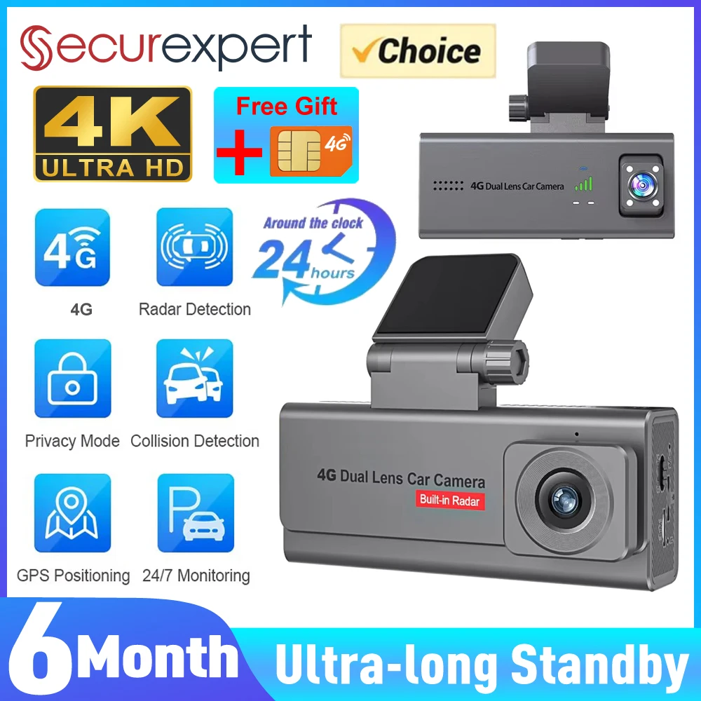 4K 4G Car Surveillance Camera GPS Dual Lens Dashcam Human Detection All Round 24/7 Parking Monitoring 6 Months Long Standby