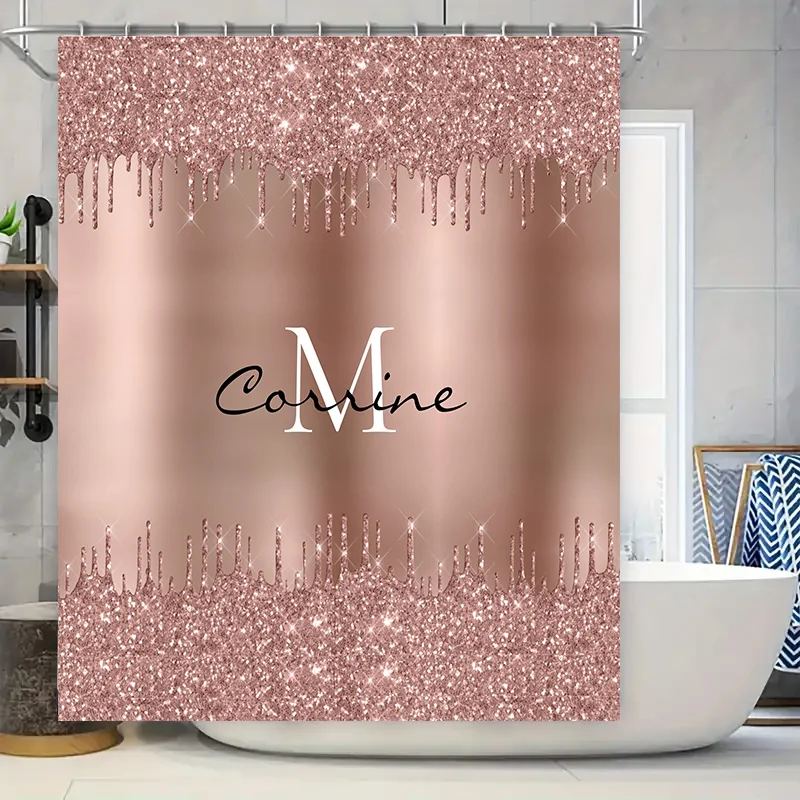 

Персонализированная розовая блестящая занавеска для душа, индивидуальное имя, монограмма, мерцающий декор для ванной комнаты для девочек, женские ванные комнаты, размер 72x84