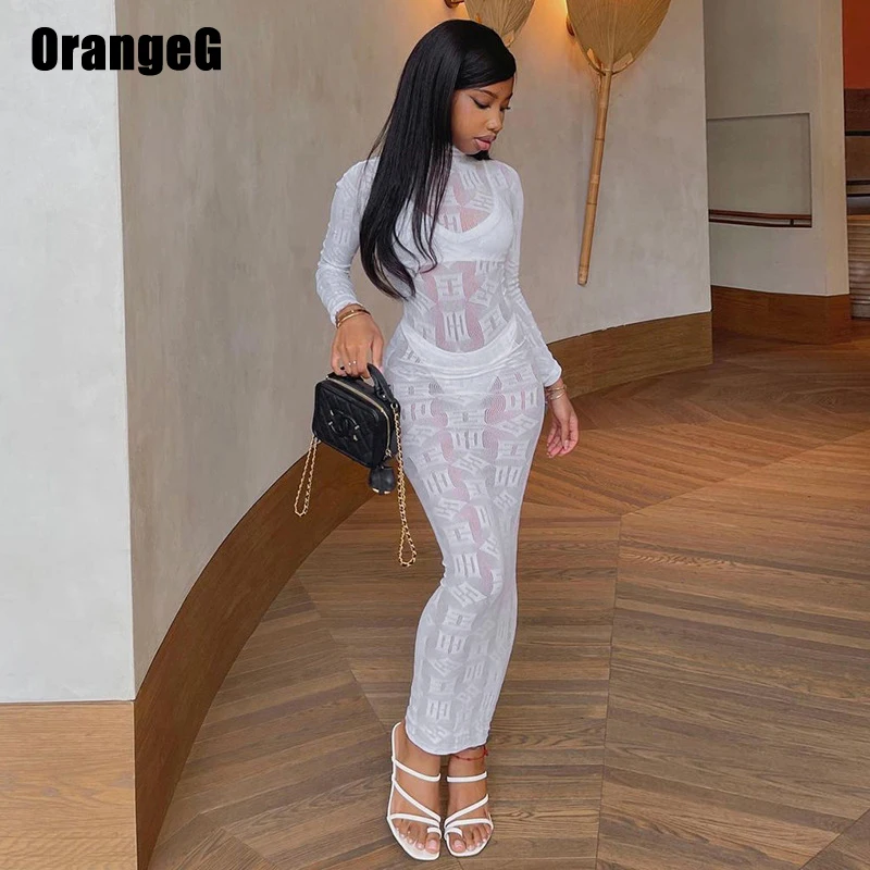 Orange transparente Brief druck Bleistift kleid lange Frauen Rundhals ausschnitt Bodycon dehnbar schiere 2024 heiße Outfit Clubwear weiß