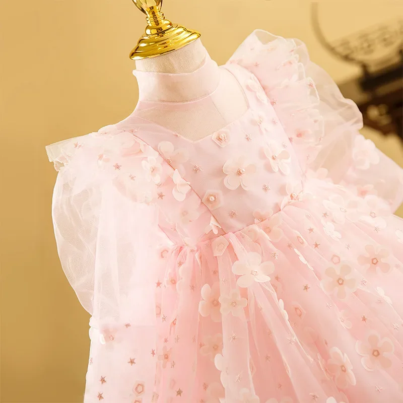 Vestido de baile em camadas de malha personalizado, vestidos de princesa, manga longa, vestido de festa de aniversário infantil, rosa doce, elegante, casamento, flor, meninas