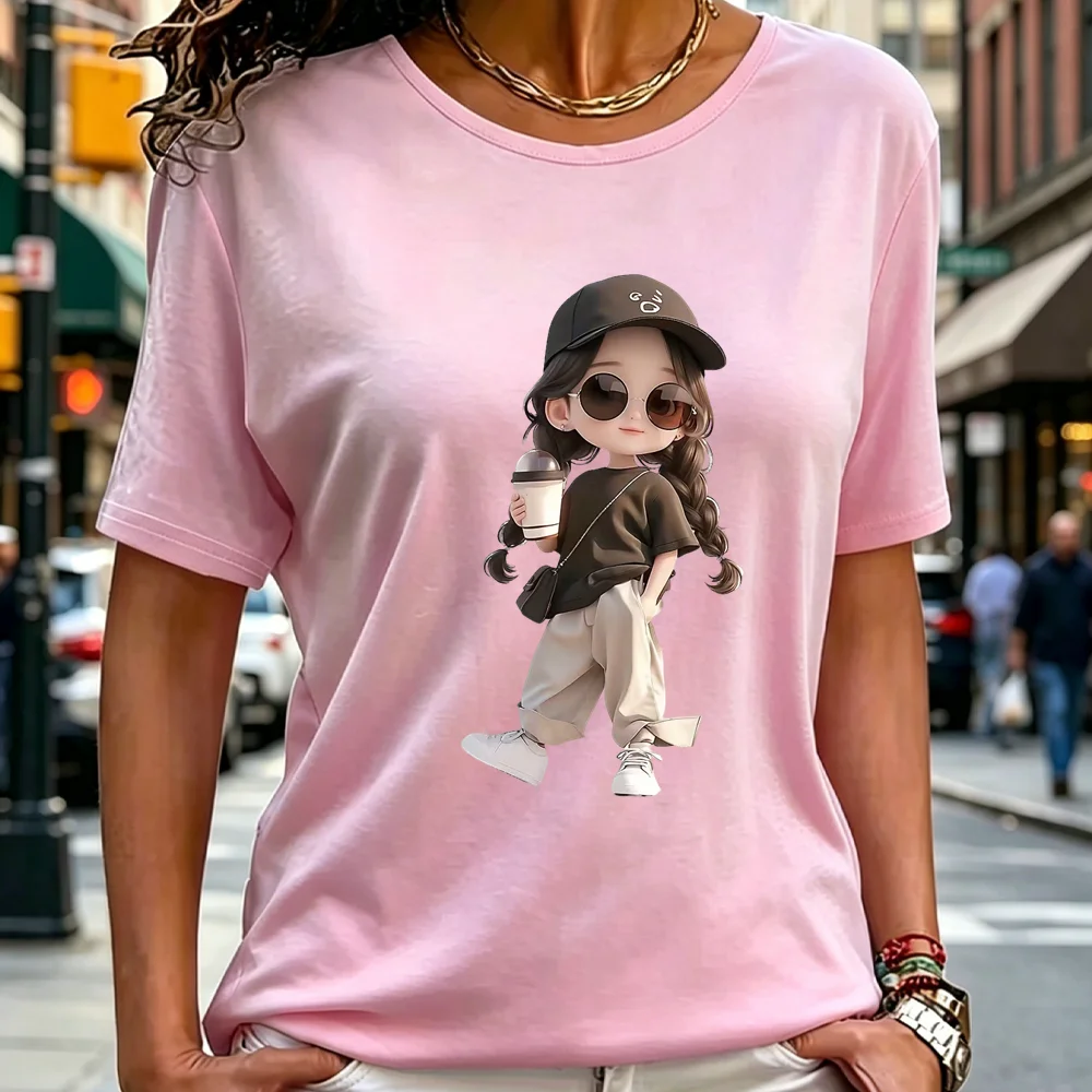 Summer new fashionable women's T-shirt cartoon pattern printed casual round neck short sleeved T-shirt quick drying clothes
