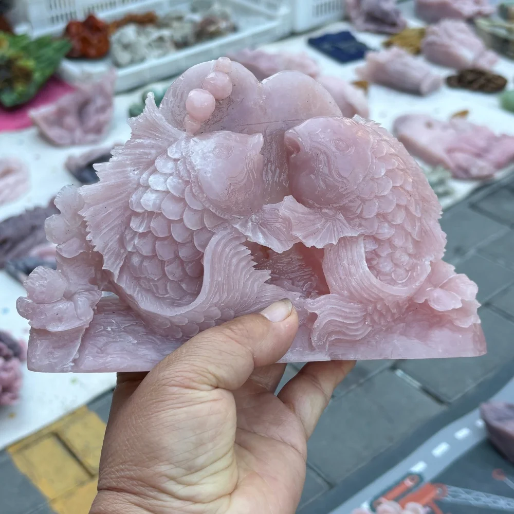 Natural Pink Calcite Hand Carved Double Koi Fish Figurine, Crystal Twin Fish Statue, Reiki Stone Feng Shui Home Decor Gift