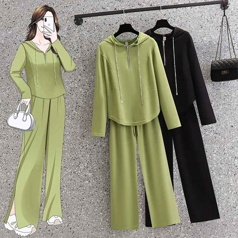 

Casual Cotton Two-piece Set For Women Hooded Sweatshirt Tops And Pants Large Size Female Autumn Winter Black Green Sport Suits