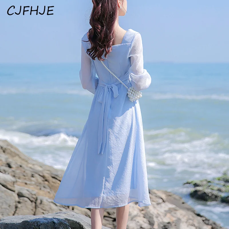 Cjfhje blau langes Kleid Frauen elegante Vintage Abend party Chiffon Kleider Frühling koreanische Mode schlanke Schnürung Langarm Kleid