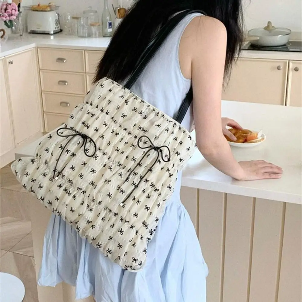

Large Capacity Bow Tote Bag Bow Design Top Handle Travel Shoulder Handbag Pleated Design Korean Style Portable Crossbody Bag