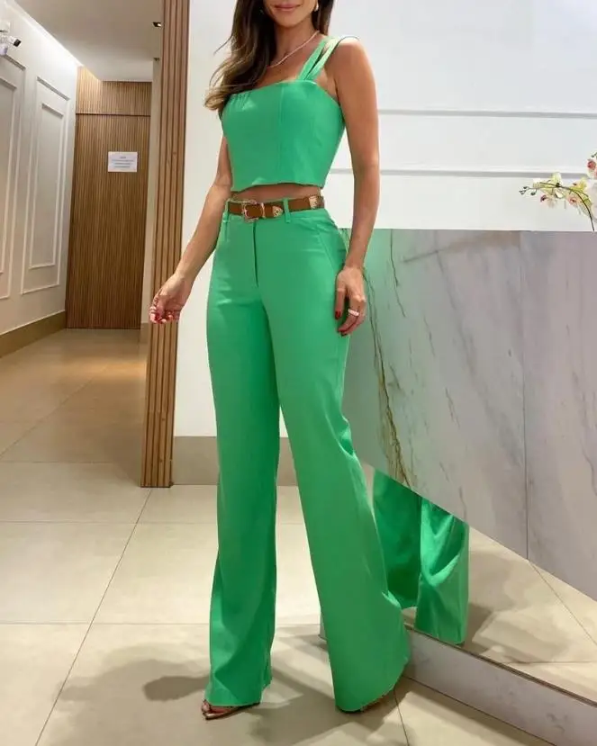 Two Piece Sets Women Outifits 2023 Summer Fashion Plain Square Neck Sleeveless Crop Top & Casual High Waist Daily Long Pants Set