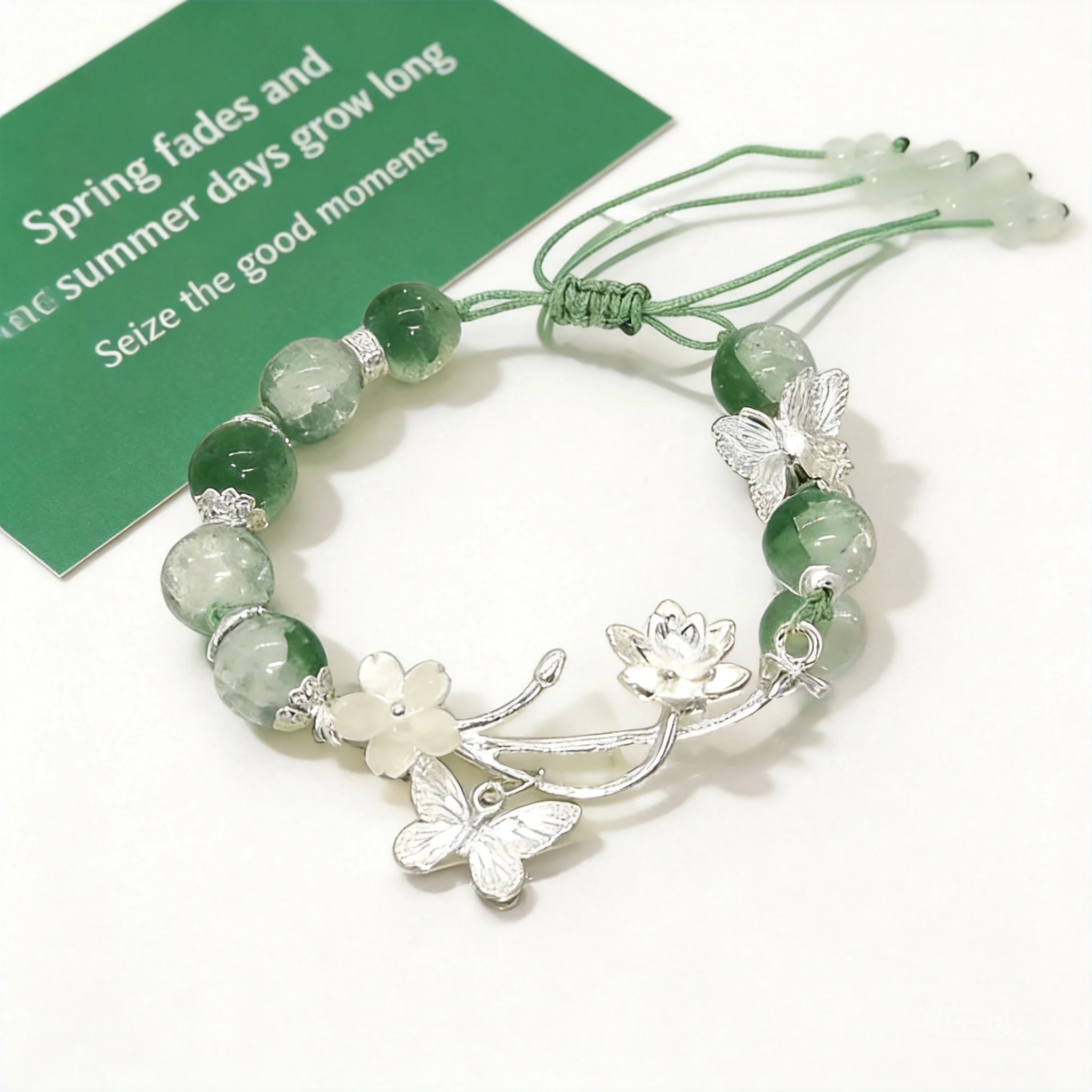 Chinese Style Lucky Green Cracked Glaze Bamboo Joint Half Bangle Bracelet For Women Lotus Butterfly Charm Adjustable Jewelry For