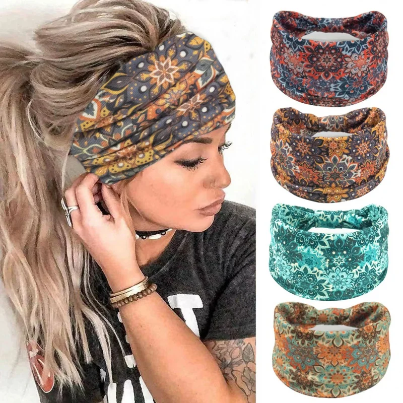 New Bohemian Hair Band Sports Yoga Hair Band Women's Wide-Brimmed Headband Turban Elastic and Sweat-Absorbing Hair Band