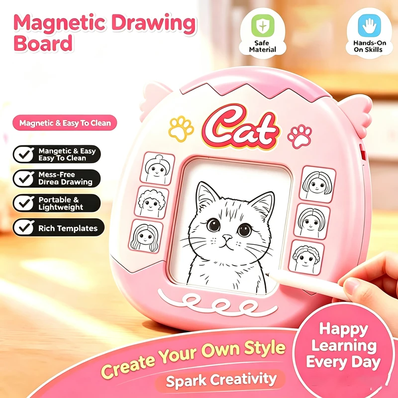 Cat-Shaped DIY Magnetic Bead Hair Styling Board Kids Hairstyle Design Educational Pretend Play Toy for Creative Drawing Gift