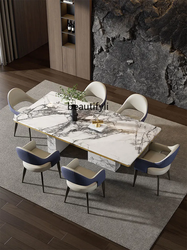 

Natural Marble Dining Tables and Chairs Set High-End Rectangular Luxury Stone Villa Living Room Dining Table Set